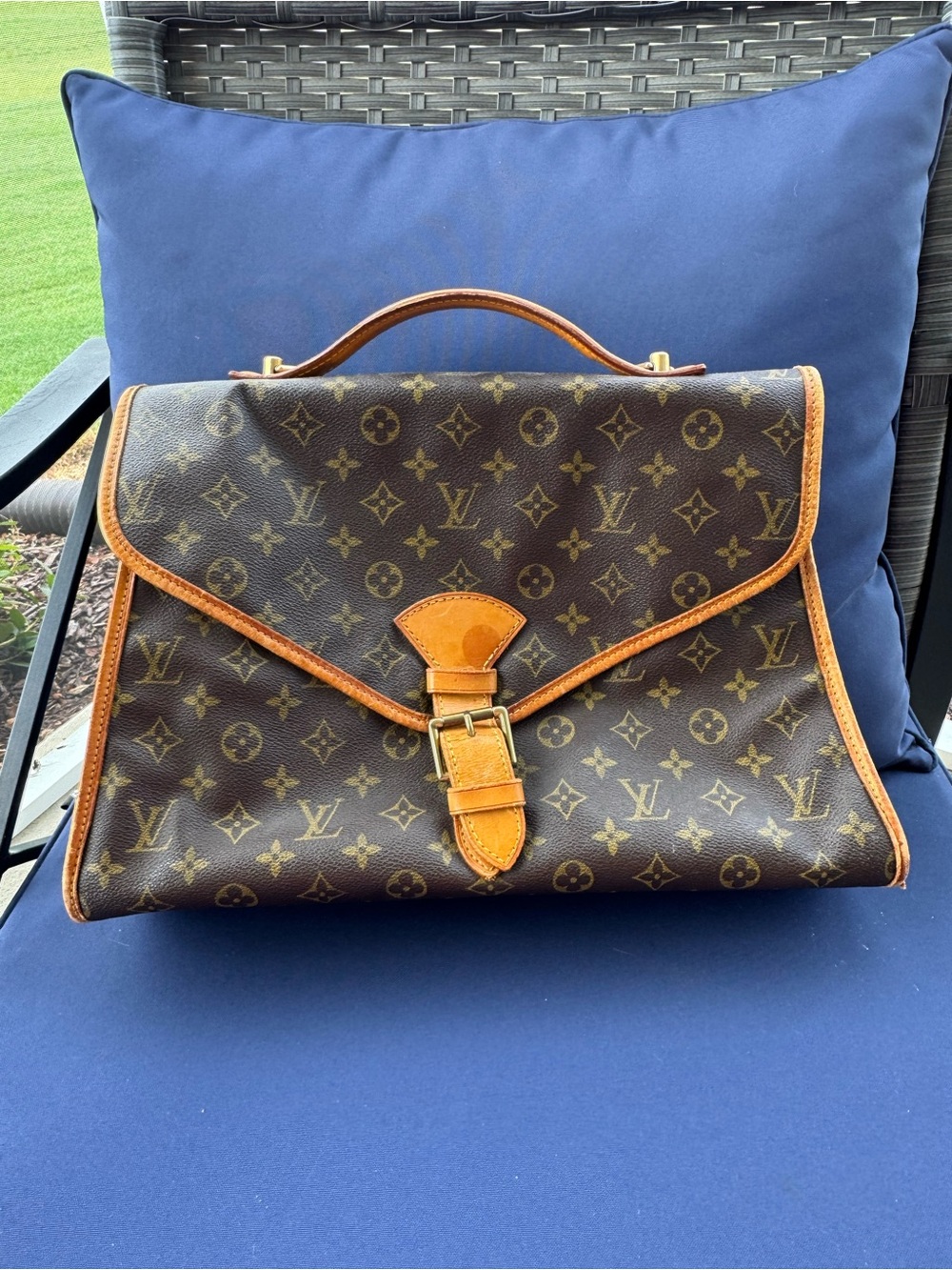 Louis Vuitton Brown Monogram Canvas Briefcase with Tan Trim and Gold Hardware
